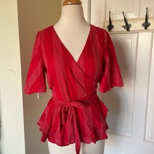 LOFT Red Striped Wrap Top with Tie Waist